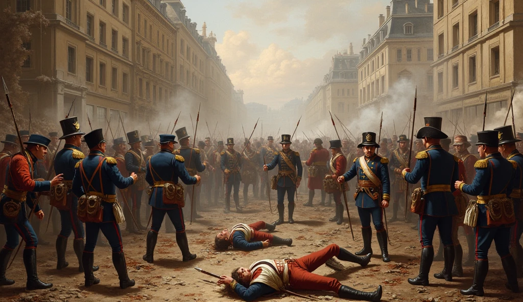 1805 (masterpiece, best quality) destroyed city (Paris); La Grande Armée soldiers fighting in the streets; people dead on the floor