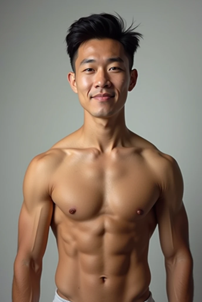 Asian with two months of gym with realistic face and realistic body 