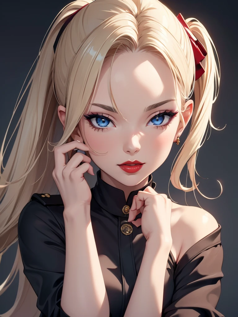 Incomparable masterpiece, ultra-realistic 8k CG, perfect artwork, ((perfect female image)), mature woman, slender waist, seductive, clean, beautiful face, {extremely delicate and beautiful girl} , 8k wallpaper, {{{Masterpiece}} }, 1girl, blonde hair, blue eyes, ponytail, police uniform, jewelry, lips, lipstick, long hair, look spectator, makeup, lips, red lips, simple background, solo, upper body, (shiny skin),
