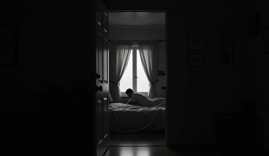 a portrait of an open door and you see inside, at night in a kitchen in the middle a window with curtains, all dimly lit dark photo, A man is sleeping in the bed