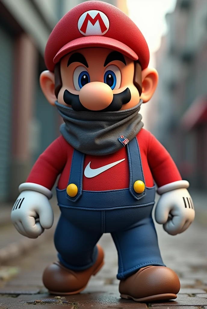 Create Mario with a Nike sweatshirt and a bandana covering his face in 3D