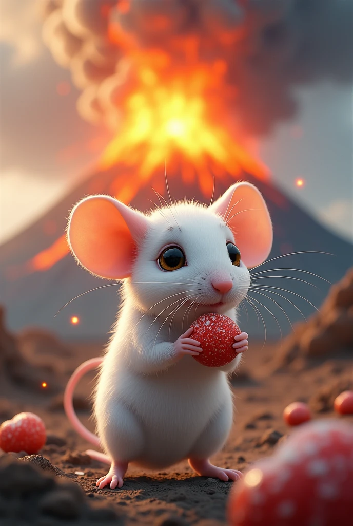 White mouse holding a sweet candy in one hand and a volcano erupting in the back