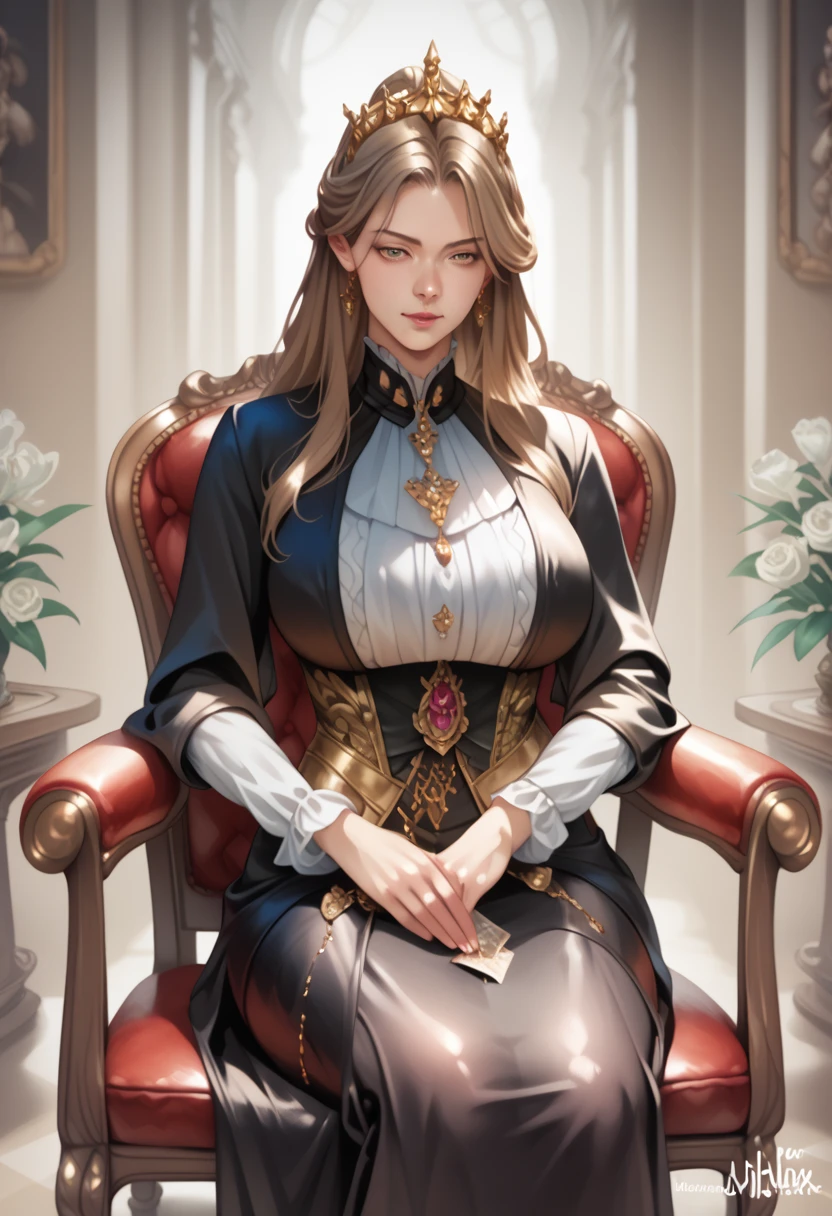 (photorealism:1.2), beautiful woman, a mother, she's a princess, hentai anime digital art, brown long hair, calm gentle motherly expression, she is fully covered, she is sitting down on chair, she is fully covered in black and gold royal gown, big breasts, background of a royal room