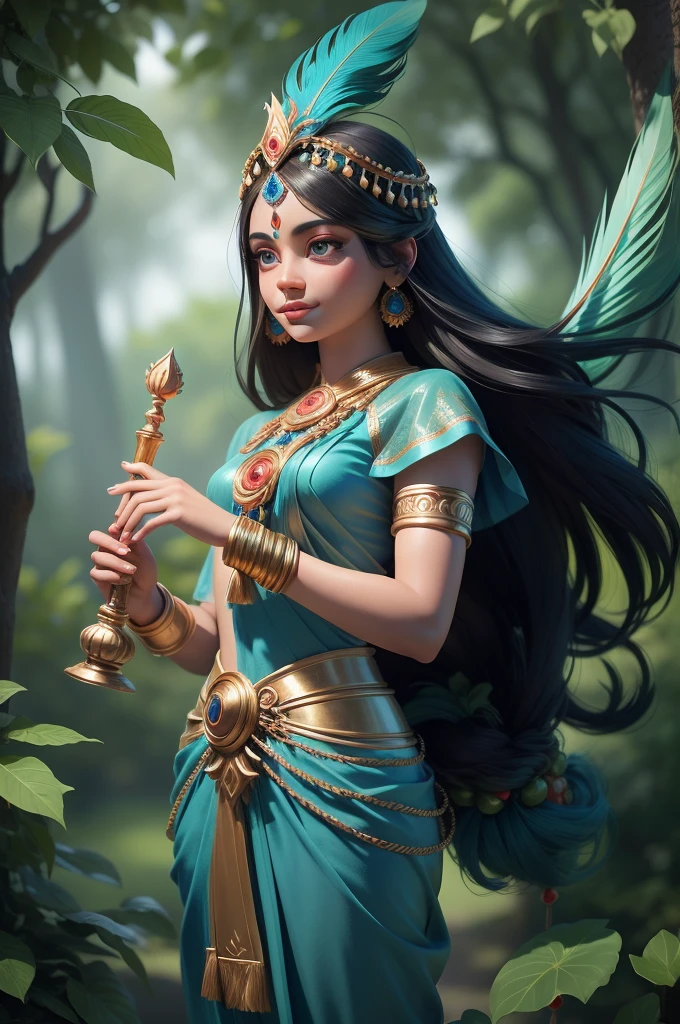 The image is a digital illustration of the Hindu deity Krishna, also known as Lord Krishna. He is depicted as a young woman with dark hair and blue skin, wearing a traditional Indian outfit with a peacock feather headpiece on her head. She has a serene expression on her face and is holding a flute in her hands. The background is filled with lush greenery, including trees and plants. The overall mood of the image is peaceful and serene. ((realistic detailed shadows and ambient lightning)) ((attention to details))