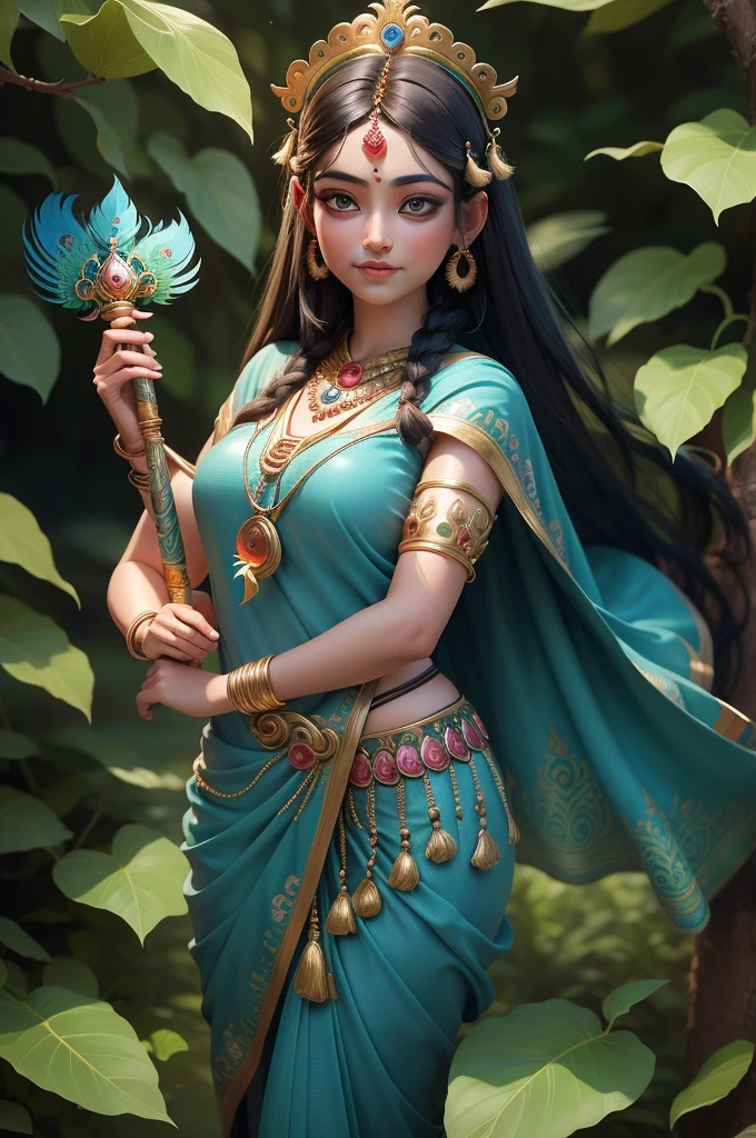 The image is a digital illustration of the Hindu deity Krishna, also known as Lord Krishna. He is depicted as a young woman with dark hair and blue skin, wearing a traditional Indian outfit with a peacock feather headpiece on her head. She has a serene expression on her face and is holding a flute in her hands. The background is filled with lush greenery, including trees and plants. The overall mood of the image is peaceful and serene. ((realistic detailed shadows and ambient lightning)) ((attention to details))