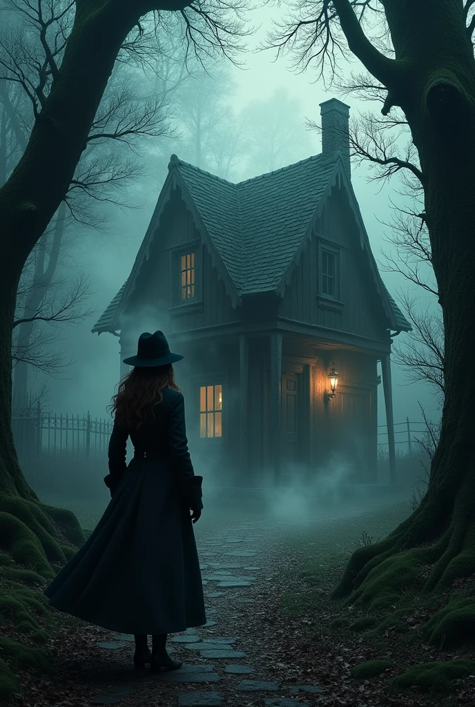 Female investigator in long coat finding witch's cottage in haunted forest