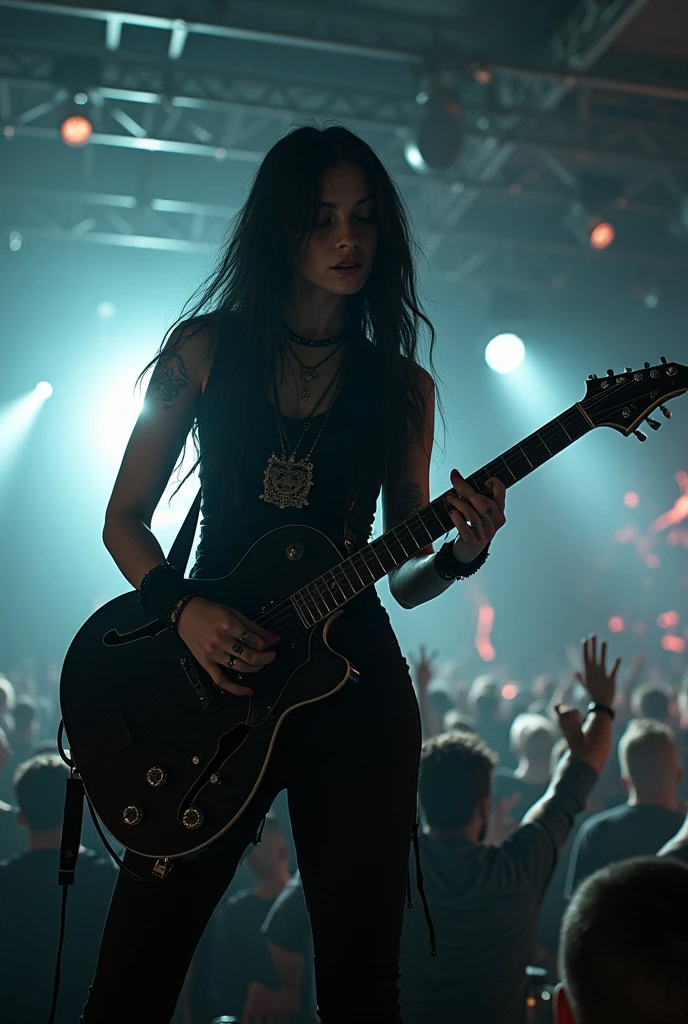 A gothic 2 girl playing guitar in a heavy metal show