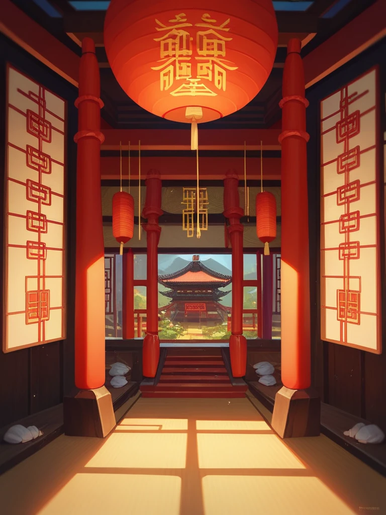 inside of a chinese temple, chinese writings on the wall, dojo
