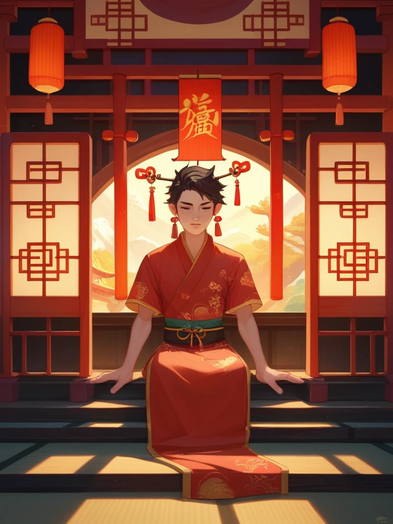 inside of a chinese temple, chinese writings on the wall, dojo