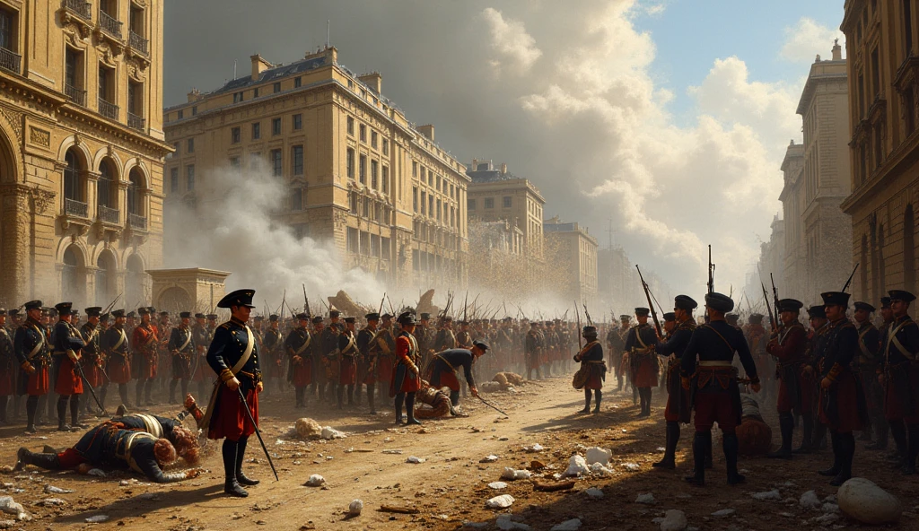 1805 (masterpiece, best quality) destroyed city (Paris); La Grande Armée soldiers fighting in the streets; soldiers dead on the floor