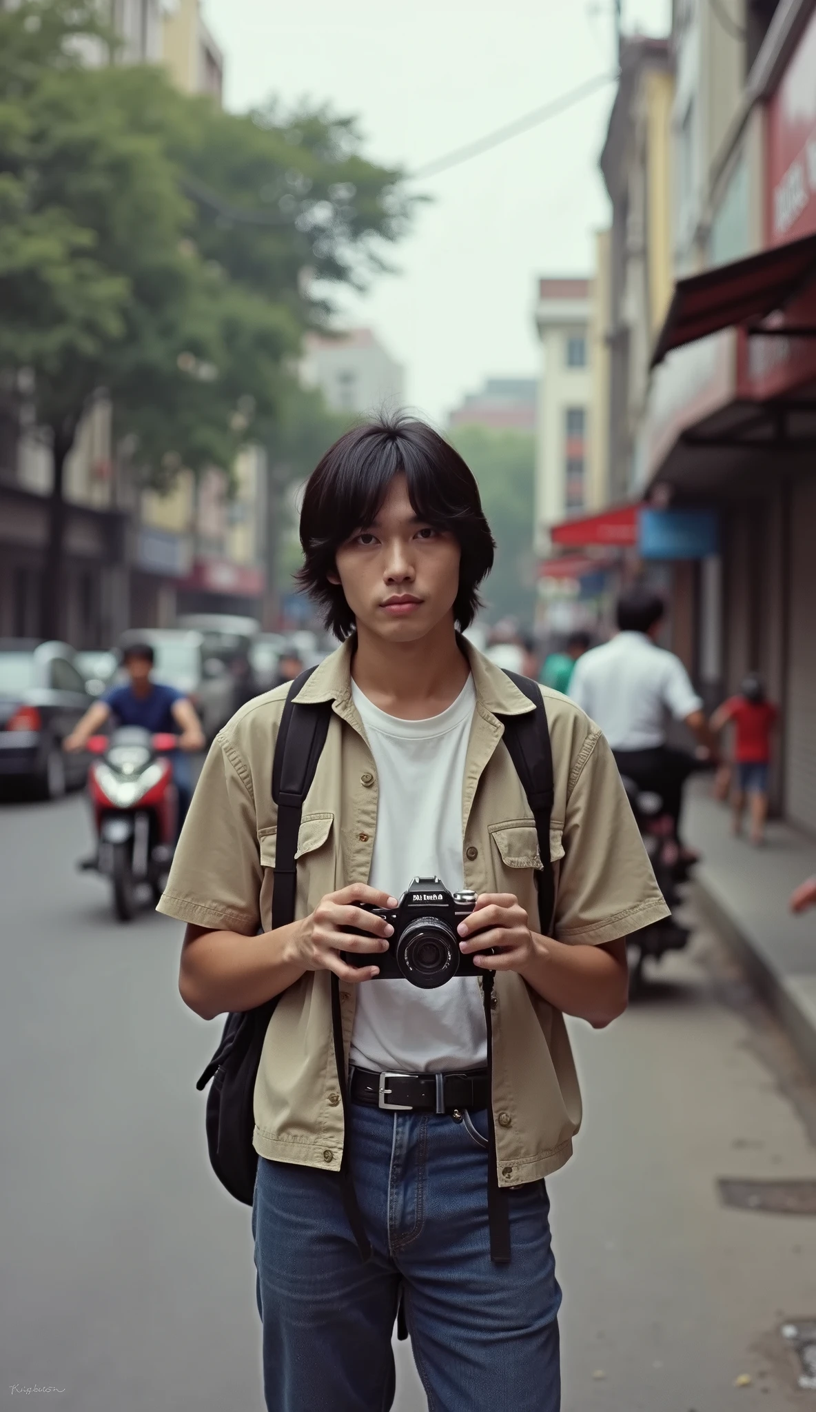 full body shot, a man with shoulkder length black hair, wearing casual clothes from 1982, Some photographs circa 1982, street photo in Bandung city. showing all body, Photograph with pockets camera, Kodak colour, ... Purpleish:: face looking to viewer, white skin, full body photos,