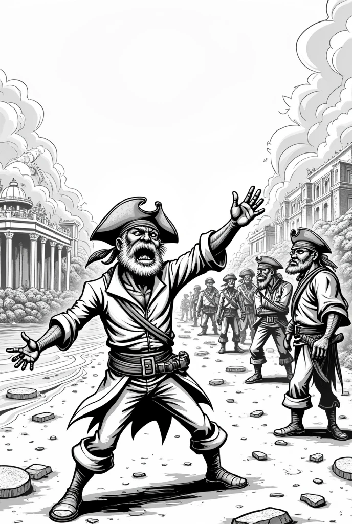 Create an easy to draw black and white drawing, of a pirate yelling at others , while they burn and kill people in a town that is around the sea.
Make the drawing easier to draw and not so realistic, Put an eye patch on one of the pirates&#39; eyes and put some destroyed things 