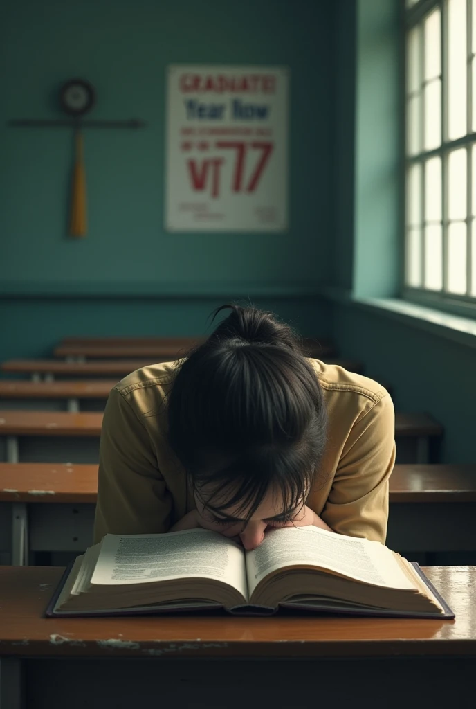 Image: The student sits in an empty classroom, with head resting on the table. An open book is seen in front of him., but the student can't concentrate. A poster is seen on the wall that ANNOUNCES THE GRADUATION DATE