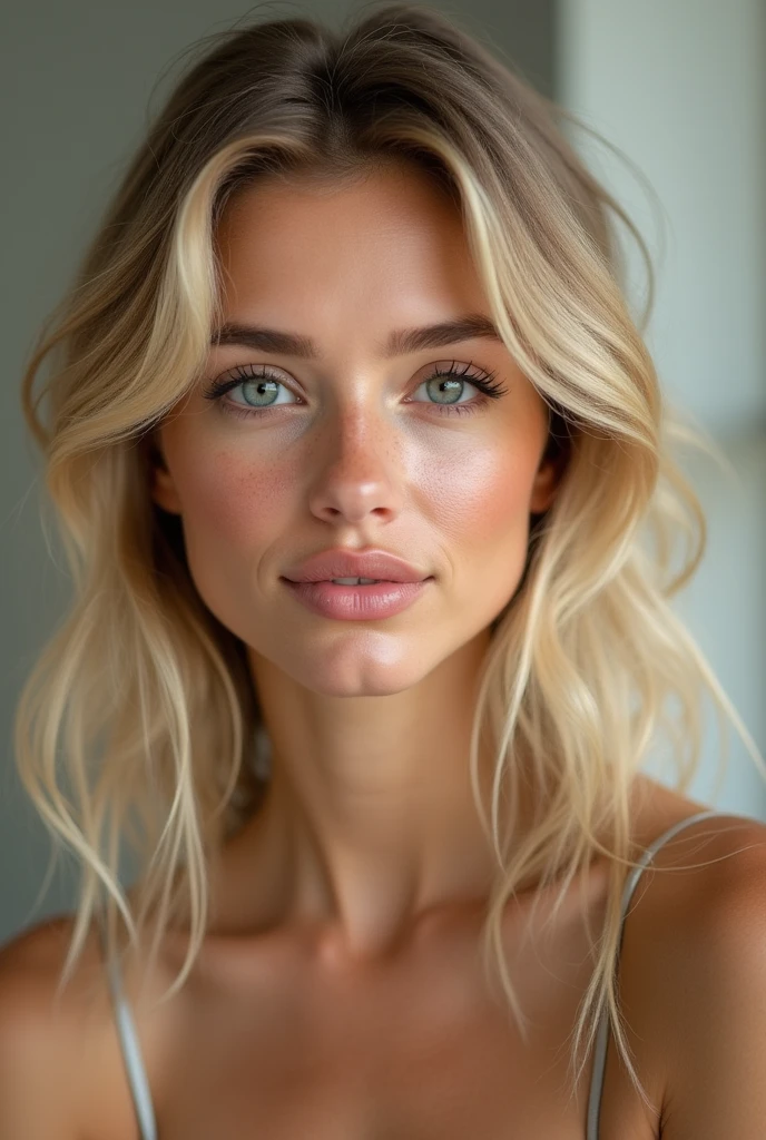 Une jeune femme blonde, avec des cheveux mi-longs avec de peau avec des imperfections mais pas trop et une texture de peau humaine
Visage moins carré