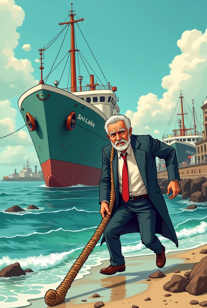 A cartoon image of an aged businessman with coat and suit pulling  a drowning cargo ship named Sri Lanka to shore of harbour with rope on his shoulders
