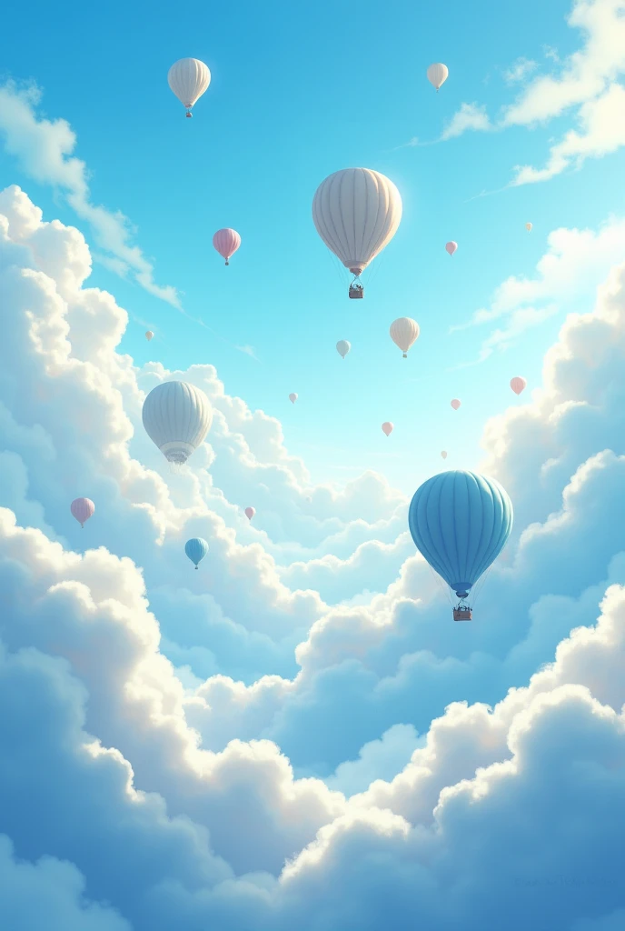 sky with many clouds animated blue and white with many hot air balloons in white and blue