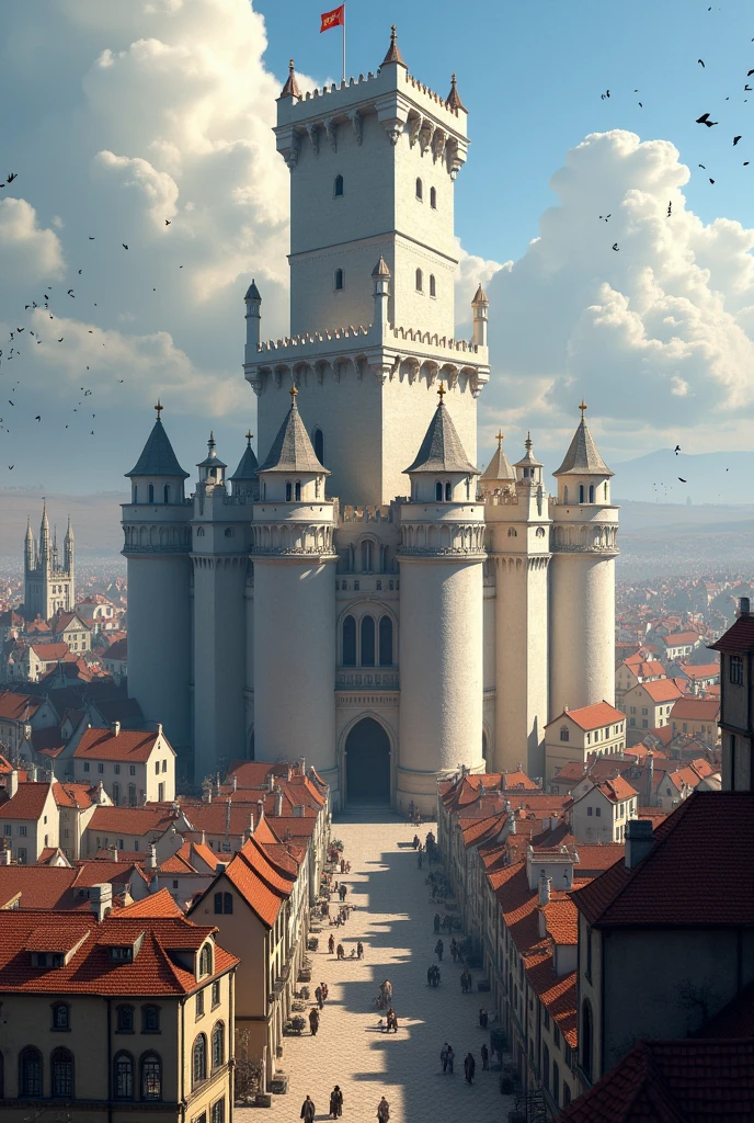 Create a huge white medieval fortress with 5 connected towers,  in the center of a medieval city seen from afar
