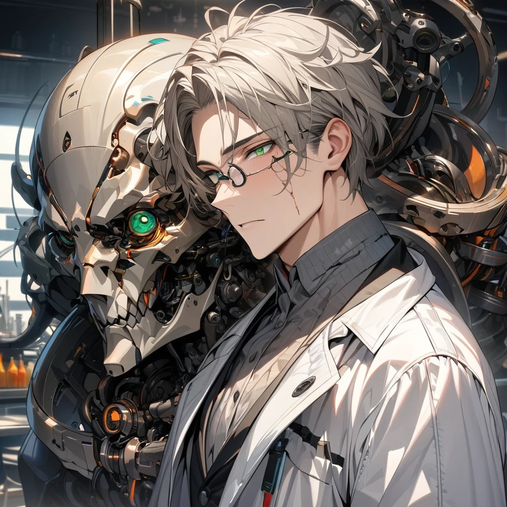 (absurdres, highres, ultra detailed, HDR) master piece, best quality, extremely detailed face, delicated features, scientist, 1boy, male, man, scientist's white coat, green eyes, tall