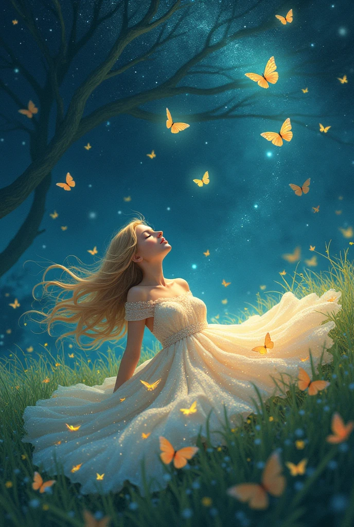 dreaming girl with blonde curly hair, Say what Cosmos, butterflies on green meadow, bright, großer brighter Baum,  long dress made of stars, at night and galaxy, 