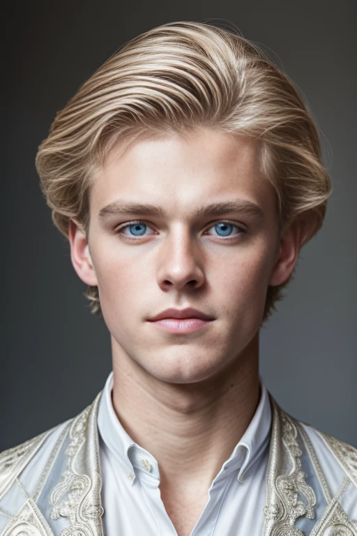 Portrait of handsome blond boy, English lord, English lord clothes, blond hair, very handsome, royal court, royalty, baroque, elegance, 2, blue eyes, artistic portrait, handsome boy, European boy, white man, elegant, beautiful face, symmetrical, 1boy, aristocrat