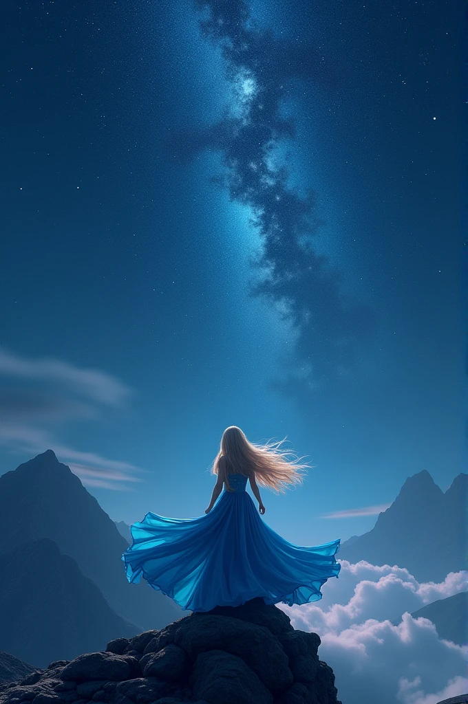 blonde woman looking at the stars, back view, blue dress flying in the wind, hair in the wind, on top of a mountain, silhouette