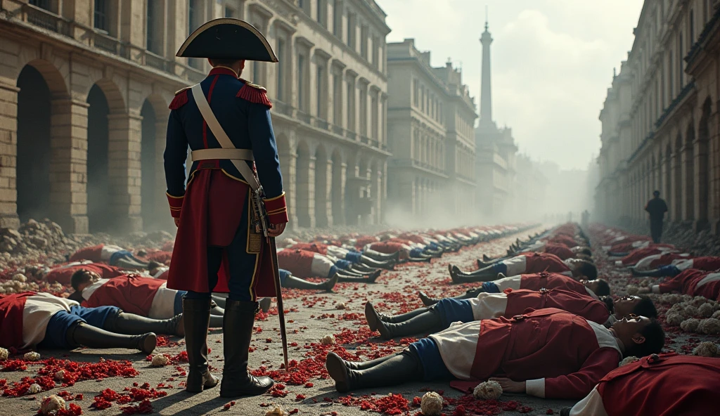 1805 (masterpiece, best quality) destroyed city (Paris); Napoleão Bonaparte in the streets; thousands of red white roses on the ground; soldiers dead on the floor   