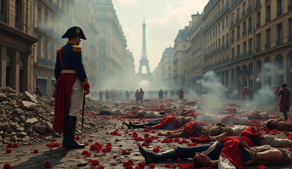1805 (masterpiece, best quality) destroyed city (Paris); Napoleão Bonaparte in the streets; thousands of red white roses on the ground; soldiers dead on the floor