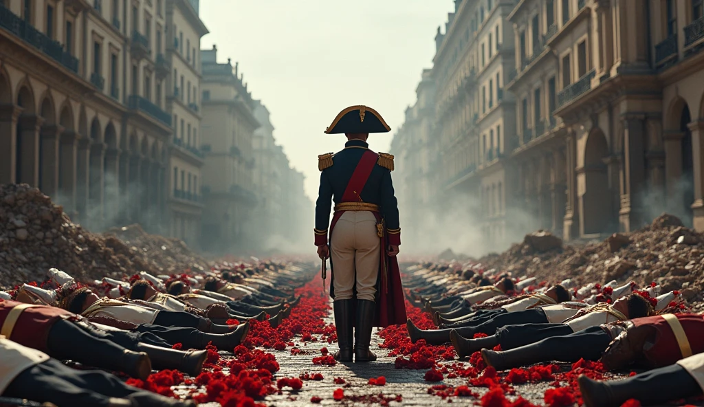 1805 (masterpiece, best quality) destroyed city (Paris); Napoleão Bonaparte in the streets; thousands of red white roses on the ground; soldiers dead on the floor   