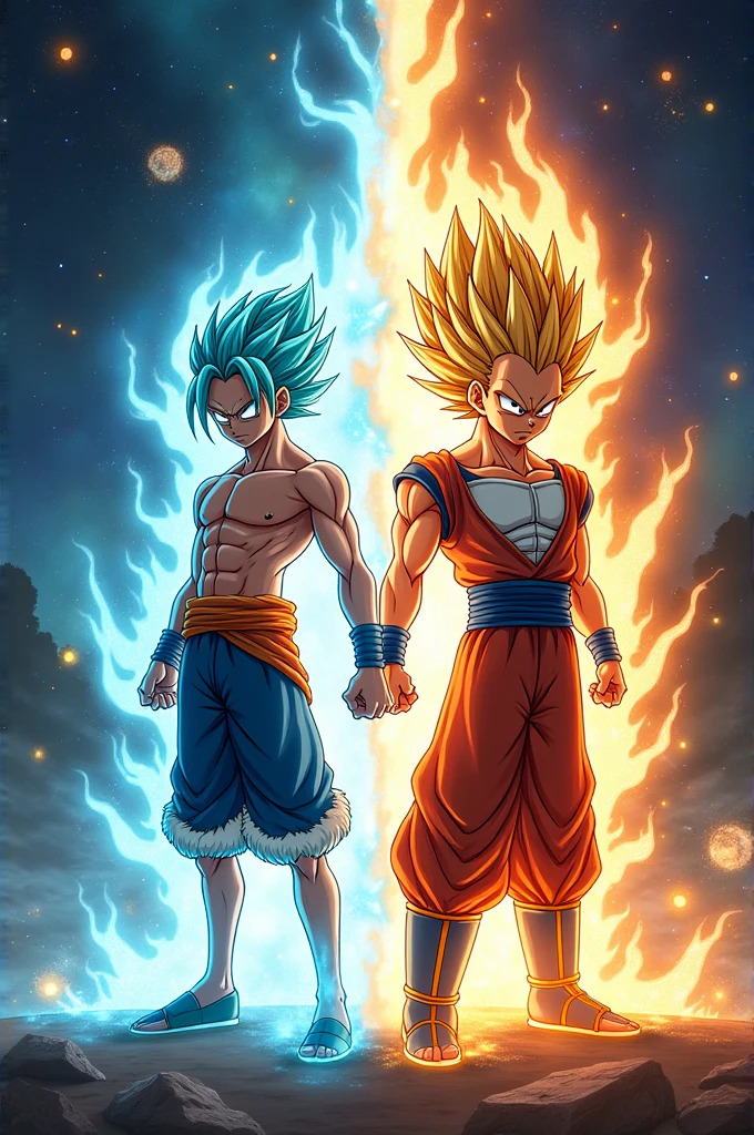 I want a wallpaper image in which Luffy and Vegeta are side by side, their arms touching each other and Luffy in gear 5 and Vegeta in ultra ego, make it portrait.