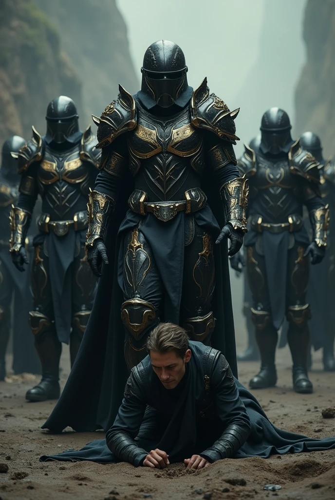 Extremely detailed, hyper-realistic scene: A group of heavily armored futuristic soldiers in black and gold attire stands menacingly. Dark fantasy setting. A person cowers on the ground, clearly in distress. Gritty atmosphere with dramatic lighting and cinematic composition. Dark and gloomy mood. Intricate details throughout. Muted color palette with high contrast. Intense emotions conveyed. Masterful execution.