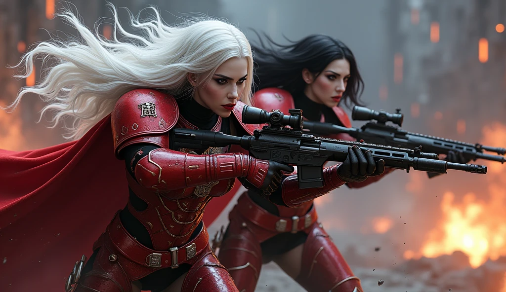 Full body pose sexy sisters of battle from the warhammer 40k, shooting at the enemy, red space marine armor with intricate details, white space marine armor with intricate details, symbols on the armor, sisters of battle, warhammer 40k, Massive silicone breast, pale skin, seductive, temptation, eat your soul, clevage, long white flowing hair with red highlights, long black flowing hair with purple highlights, heavy gothic makeup, at night, neon, beautiful detailed eyes, beautiful detailed lips, extremely detailed eyes and face, long eyelashes, highly detailed armor, intricate futuristic weaponry, dramatic lighting, cinematic composition, muted color palette, gritty and realistic, mecha, science fiction, hyper-detailed, photorealistic, award winning digital art, 8k, HDR, masters work, in the middle of a battle field, full body combat action pose, explosions and fire around, full war, stunning, Stilleto heels, high heels, full body pose, cinematic, movie trailer, final stand!, nemesis, ready to strike, dust and debree, combat screams, attacking, shooting at the enemy, running forward, last line of defense, charging, fanatic, religious, templar knights, sisters of battle, warhammer 40k