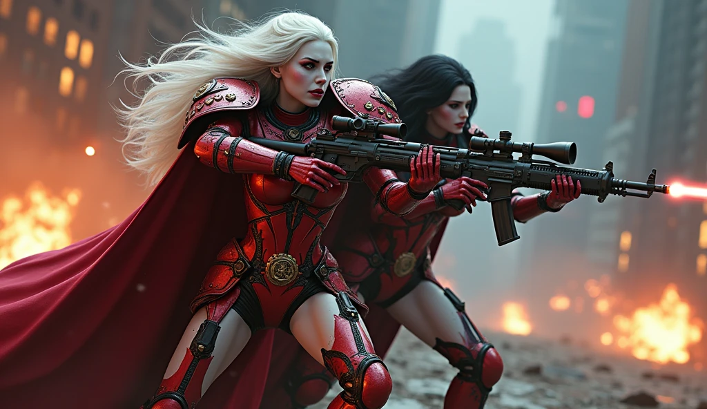 Full body pose sexy sisters of battle from the warhammer 40k, shooting at the enemy, red space marine armor with intricate details, white space marine armor with intricate details, Black space marine armor with intricate details, symbols on the armor, sisters of battle, warhammer 40k, Massive silicone breast, pale skin, seductive, temptation, eat your soul, clevage, long red flowing hair, long white flowing hair, long black flowing hair with purple highlights, heavy gothic makeup, at night, neon, beautiful detailed eyes, beautiful detailed lips, extremely detailed eyes and face, long eyelashes, highly detailed armor, intricate futuristic weaponry, dramatic lighting, cinematic composition, muted color palette, gritty and realistic, mecha, science fiction, hyper-detailed, photorealistic, award winning digital art, 8k, HDR, masters work, in the middle of a battle field, full body combat action pose, explosions and fire around, full war, stunning, Stilleto heels, high heels, full body pose, cinematic, movie trailer, final stand!, nemesis, ready to strike, dust and debree, combat screams, attacking, shooting at the enemy, running forward, last line of defense, charging, fanatic, religious, templar knights, sisters of battle, warhammer 40k, shooting at the enemy, exposed breast, revealing,