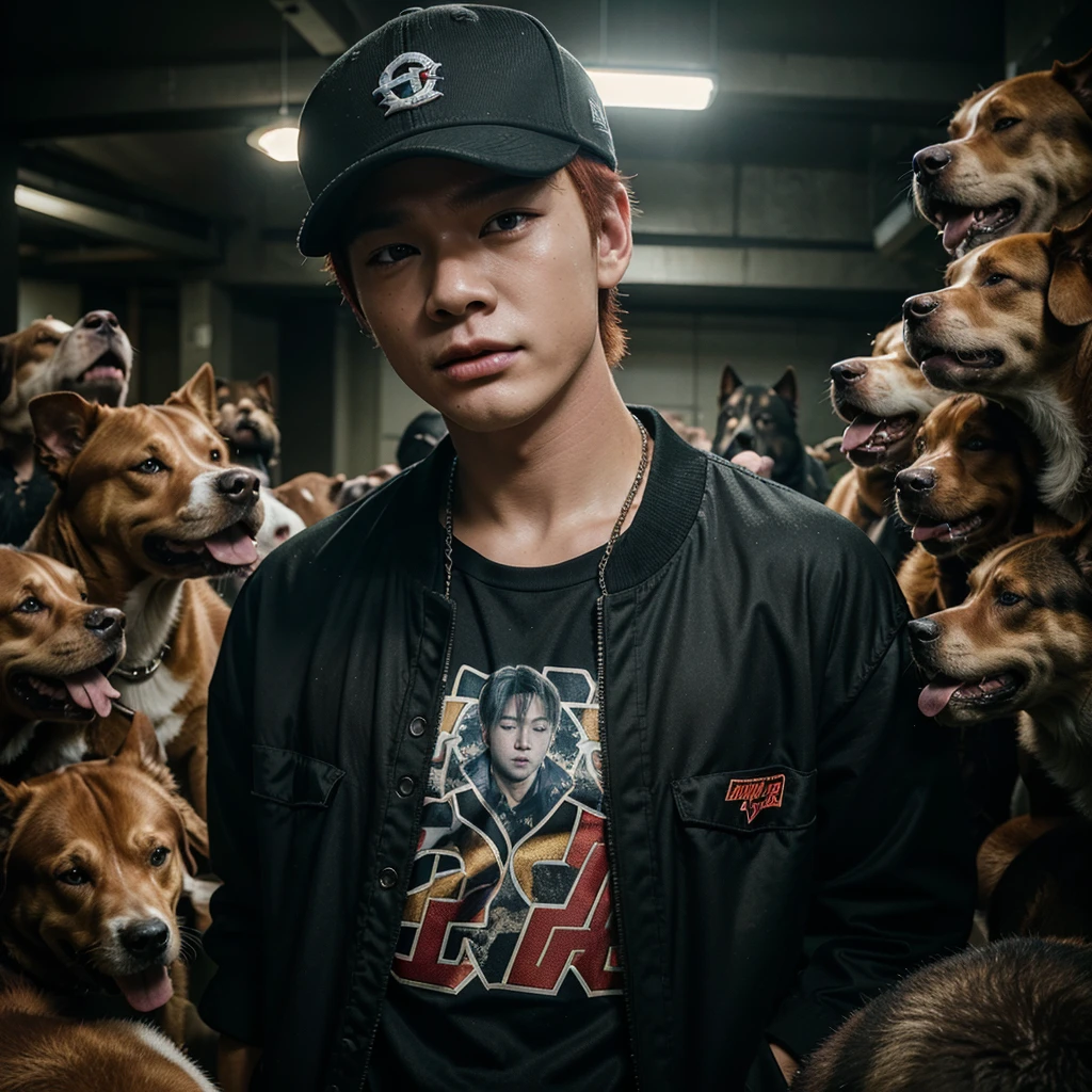 Yang Jeongin, member of Stray Kids. A redheaded boy wearing 2000s style clothes and a cap, surrounded by several large breed dogs, chaotic pitbulls, detailed portrait, 1boy, beautiful detailed face, long eyelashes, hyper realistic, cinematic lighting, dramatic atmosphere, intricate details, warm color palette, vibrant colors.