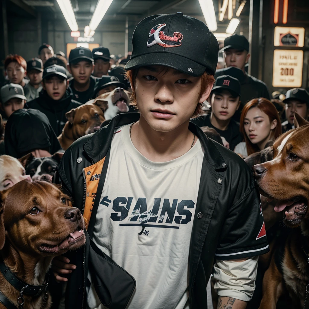 Yang Jeongin, member of Stray Kids. A redheaded boy wearing 2000s style clothes and a cap, surrounded by several large breed dogs, chaotic pitbulls, detailed portrait, 1boy, beautiful detailed face, long eyelashes, hyper realistic, cinematic lighting, dramatic atmosphere, intricate details, warm color palette, vibrant colors.