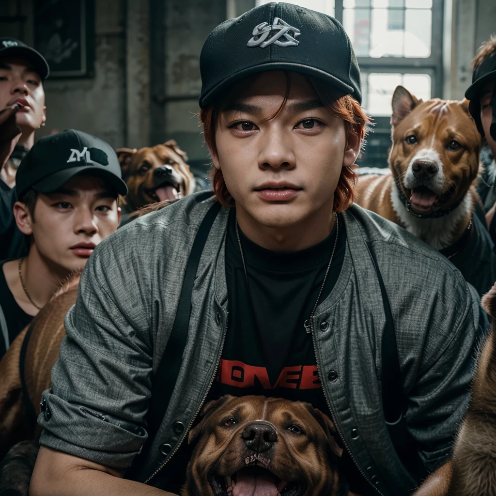 Yang Jeongin, member of Stray Kids. A redheaded boy wearing 2000s style clothes and a cap, surrounded by several large breed dogs, chaotic pitbulls, detailed portrait, 1boy, beautiful detailed face, long eyelashes, hyper realistic, cinematic lighting, dramatic atmosphere, intricate details, warm color palette, vibrant colors.