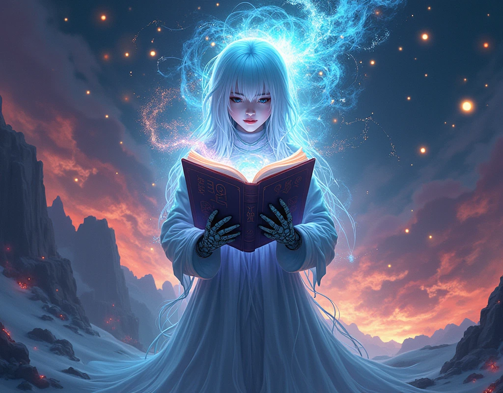 Make me a banner of AI stories of the whole and that holds a book in its hands reading it in a striking way