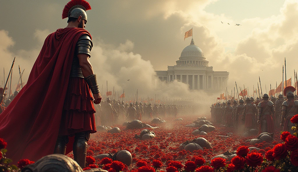 30 a.c; (masterpiece, best quality) destroyed battlefield (Roma); Julio Cesar in the battlefield; thousands of red white roses on the ground; soldiers dead on the floor