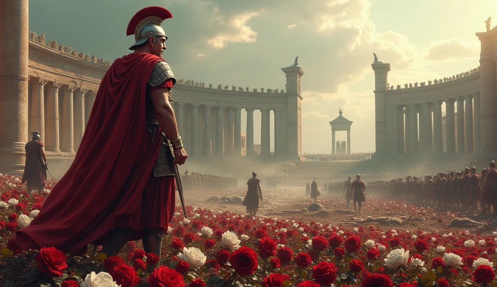 30 a.c; (masterpiece, best quality) destroyed battlefield (Roma); Julio Cesar in the battlefield; thousands of red white roses on the ground; soldiers dead on the floor