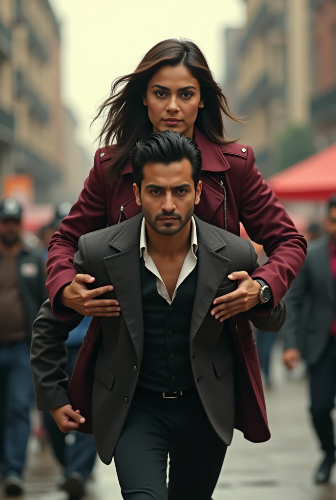 Ileana D'Cruz in maroon jacket lifting and picking up a man in her arms 