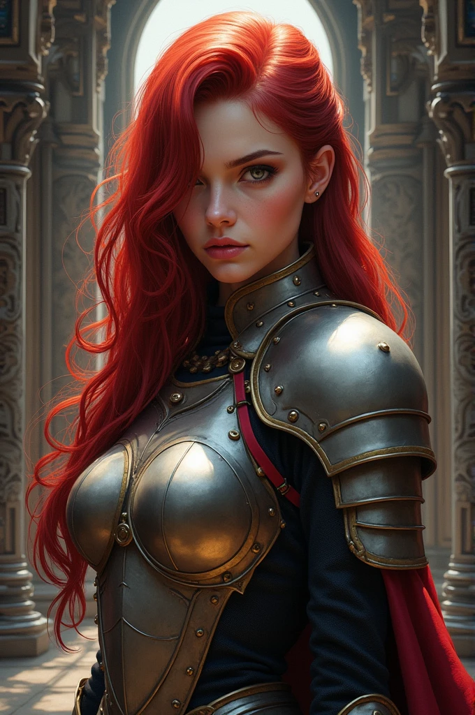 (female warrior: 1.5), (redhead warrior girl: 1.3), 1 girl, solo, pretty girl, young girl, (red hair), (green eyes), thin girl, big breasts, pretty face, slim waist, thin legs , gap between thighs, (naked), (steel breastplate, steel gauntlets, steel gloves: 1.1), (red mini skirt: 1.3), (skirt lifted by itself: 1.1), (skirt lift: 1.3), (showing white panties: 1.3), white panties, tiny panties, (cameltoe: 1.2), frontal, (cowboy shot), medieval fantasy, Dungeons and dragons, RPG character, best quality, (masterpiece), ultra-realistic, 8k