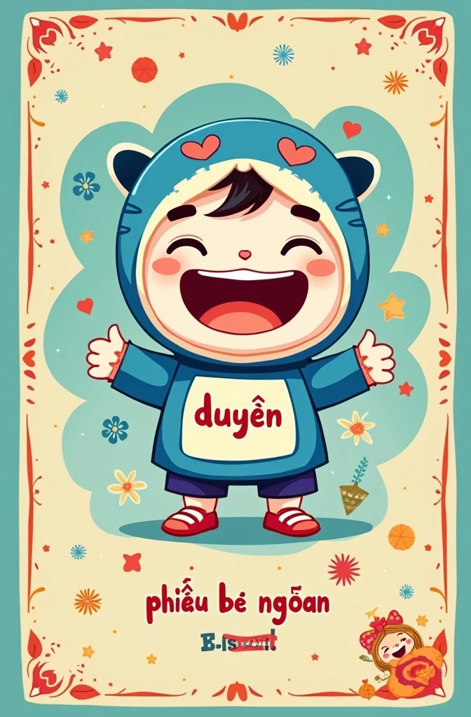 Xoá dòng chữ I good kid và thay bằng chữ "Phiếu bé ngoan" đồng thời phóng to chữ Duyên ở cuối ảnh , xoá phần ghi chú ở cuối ảnh, còn lại các mục khác giữ nguyên