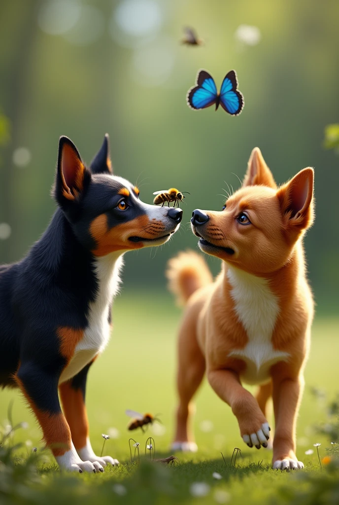 black brown australian kelpie dog with a bee on its nose, and an Australian Cattle Dog chasing a blue butterfly