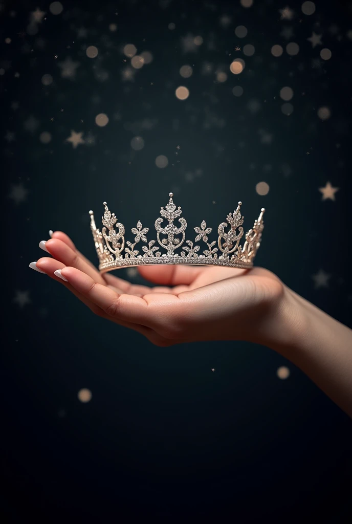 (bookcover) a soft hand holds a wedding crown, black background with sparkles. Make the crown bigger and the nails pretier