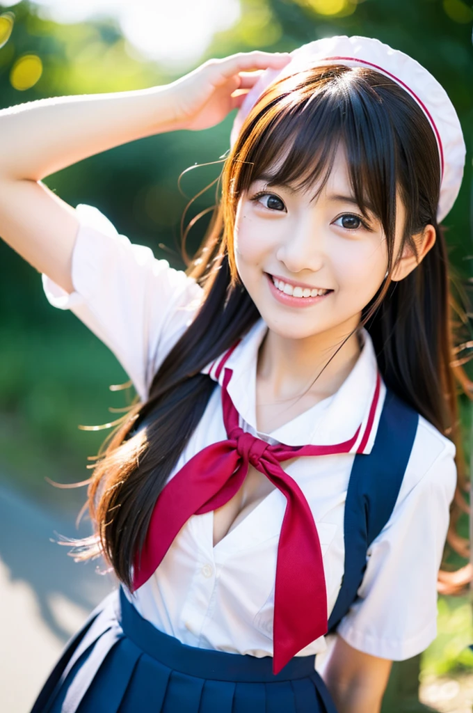 cute, アイドルのようにcuteの高校生、High School Uniform、Cleavage、Young cute face、Smiling Kindly、Carp streamers flying in the sky、High はCleavageが見えるデザイン、whole body、RAW Photos、Genuine、Genuine、realism、RAW Photos、High resolution、Life、No copyright notice