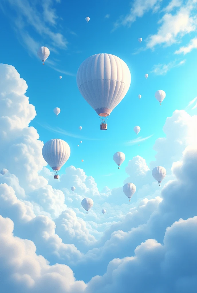 sky with many clouds animated blue and white with many hot air balloons in white and blue