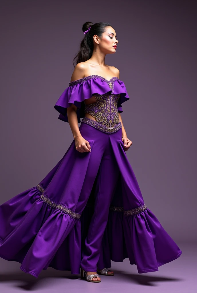 Create a purple costume sketch (a one-piece pants based on the typical skirt clothing of Mexico with the top part off the shoulder) without the fabric on the sides showing the pants WITHOUT neckline