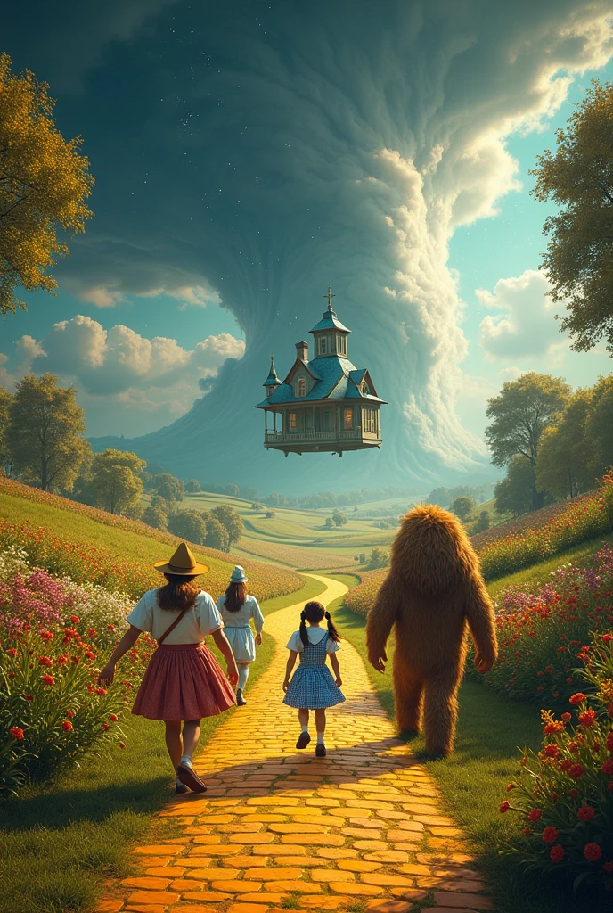 Wizard of Oz, orange stone path, tornado, flying house, magic, musical, Doroti Characters of the story