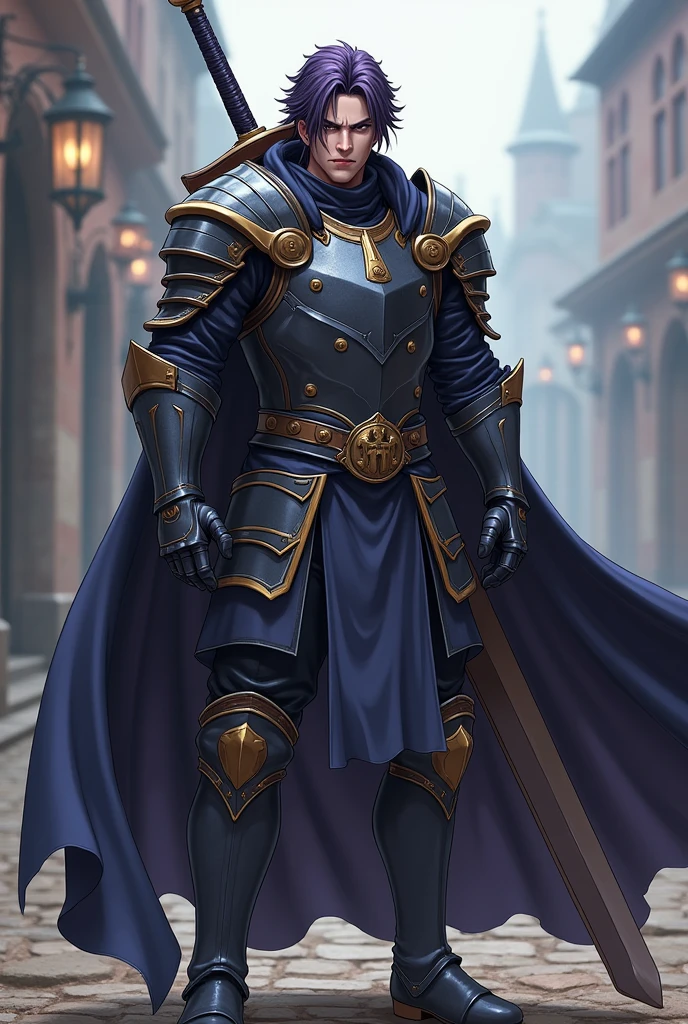 A character for my role-playing game has to look like this; man, noting that it measures 1.20cm tall, Tez blanca, hair between very dark purple and black, carrying a very large and heavy sword on his back, wearing semi-heavy armor, with a big arrogant smile, in the style of medieval anime role-playing, doing a pose from the anime jojos bizarre adventure, with medium musculature, without cape