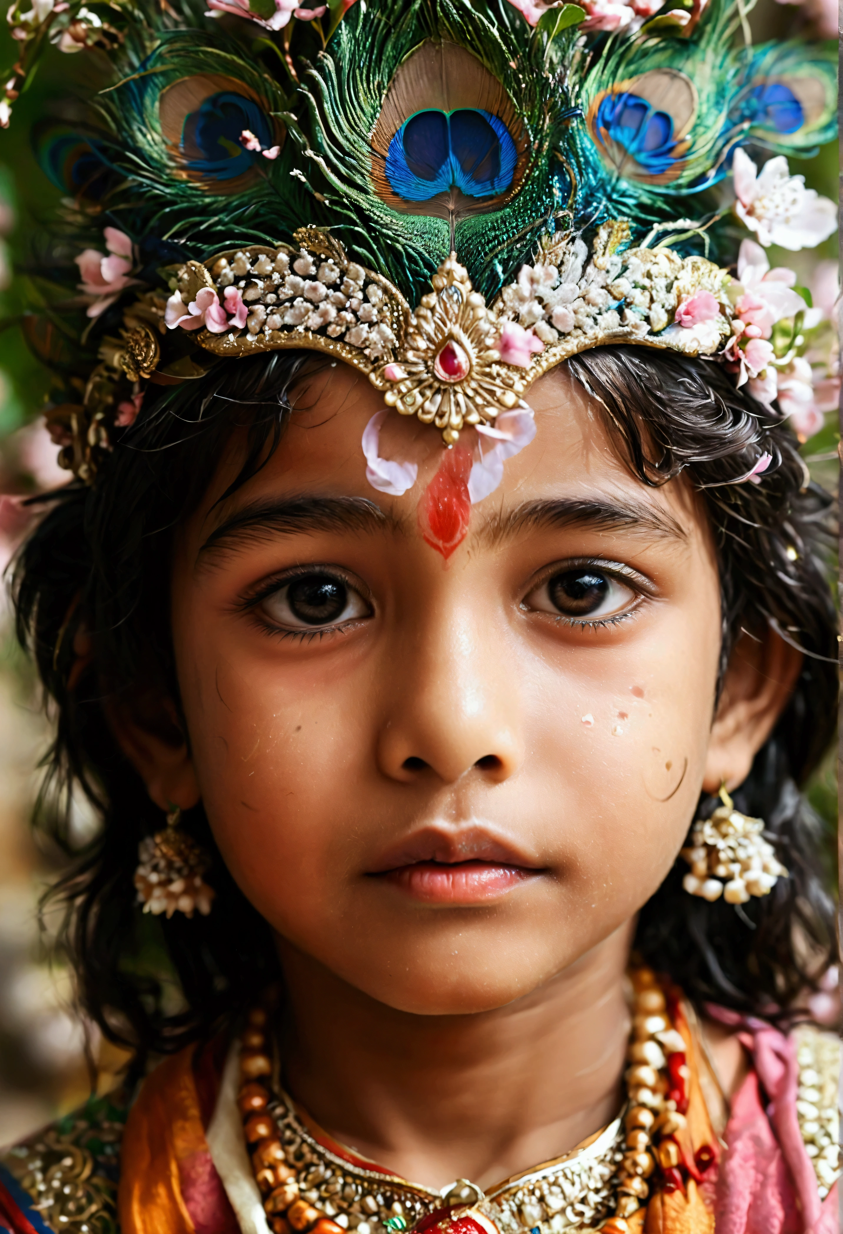 Kid Sri Krishna peacock feathers on his head, palace background, cherry blossom, realistic potrait 