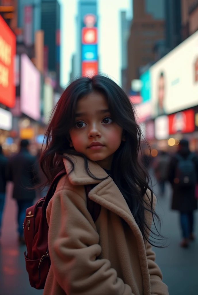 (4k) picture of beautiful black haired chubby Pakistani girl in overcoat blushing at time square
